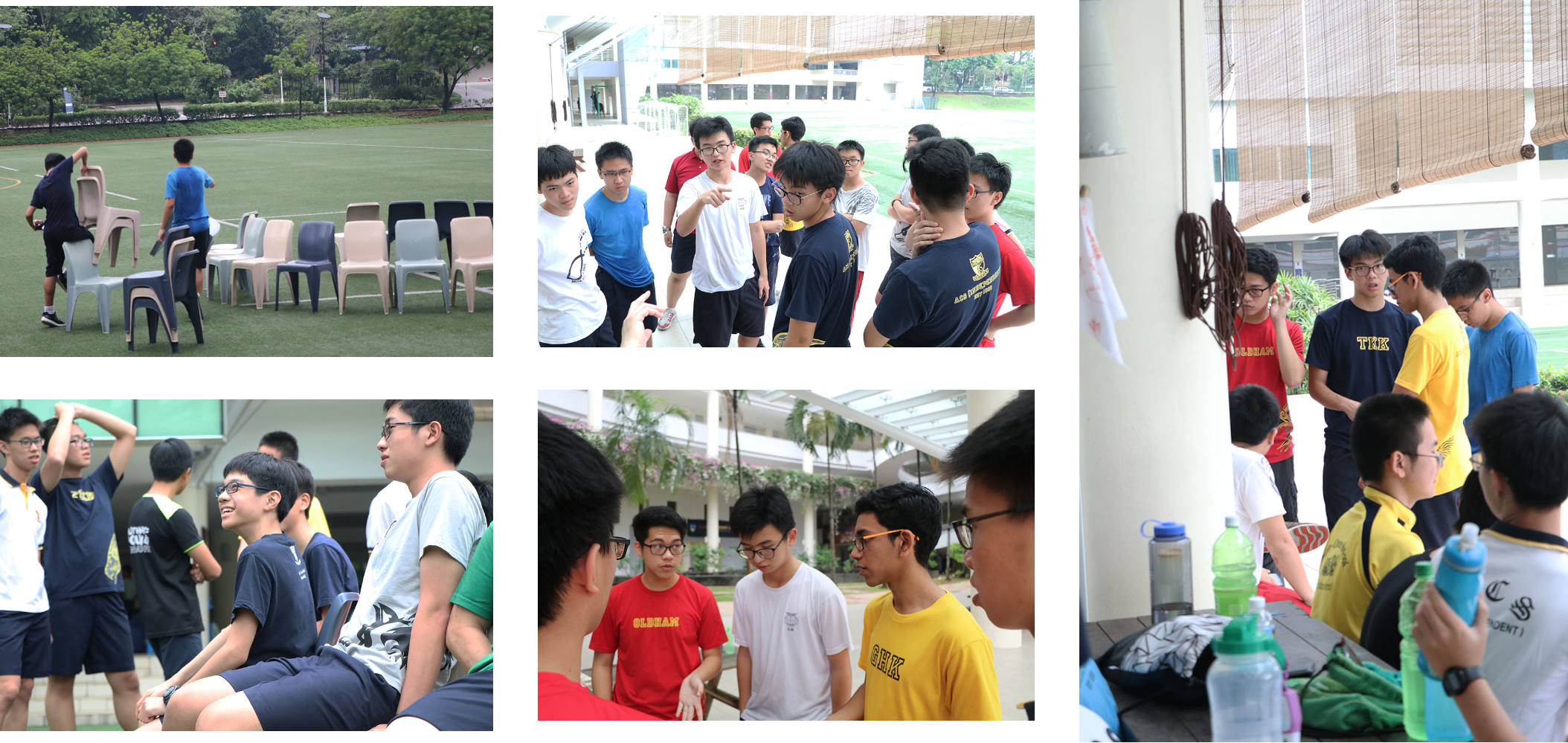 Five photos of teenage boys in school uniforms doing outdoor team activities, discussing in groups, and arranging chairs on a field.